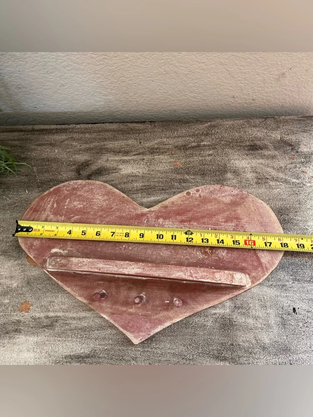 Vintage Rustic Pink Wood Heart Shaped Farmhouse Wall Shelf w/3 Pegs 18